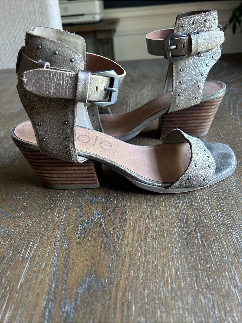 Nicole Metallic Studded Ankle-Strap Block Heel Sandal